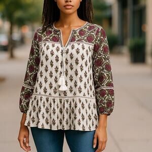 Rachel Zoe 100% Cotton Bohemian Floral Tiered V-neck Peasant Top Size Sm NEW
